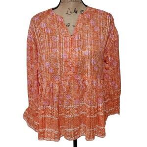 RD+Koko Orange Floral Paisley Metallic Stripe Babydoll Blouse NWT‎ Size Small